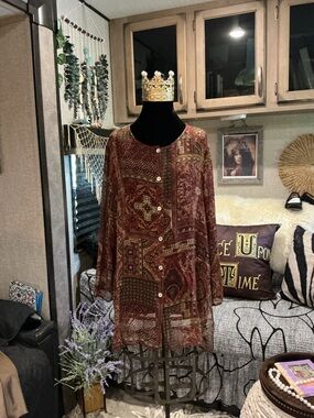 Nira Nira Boho Printed Button-Front SilkTunic Rust Multi